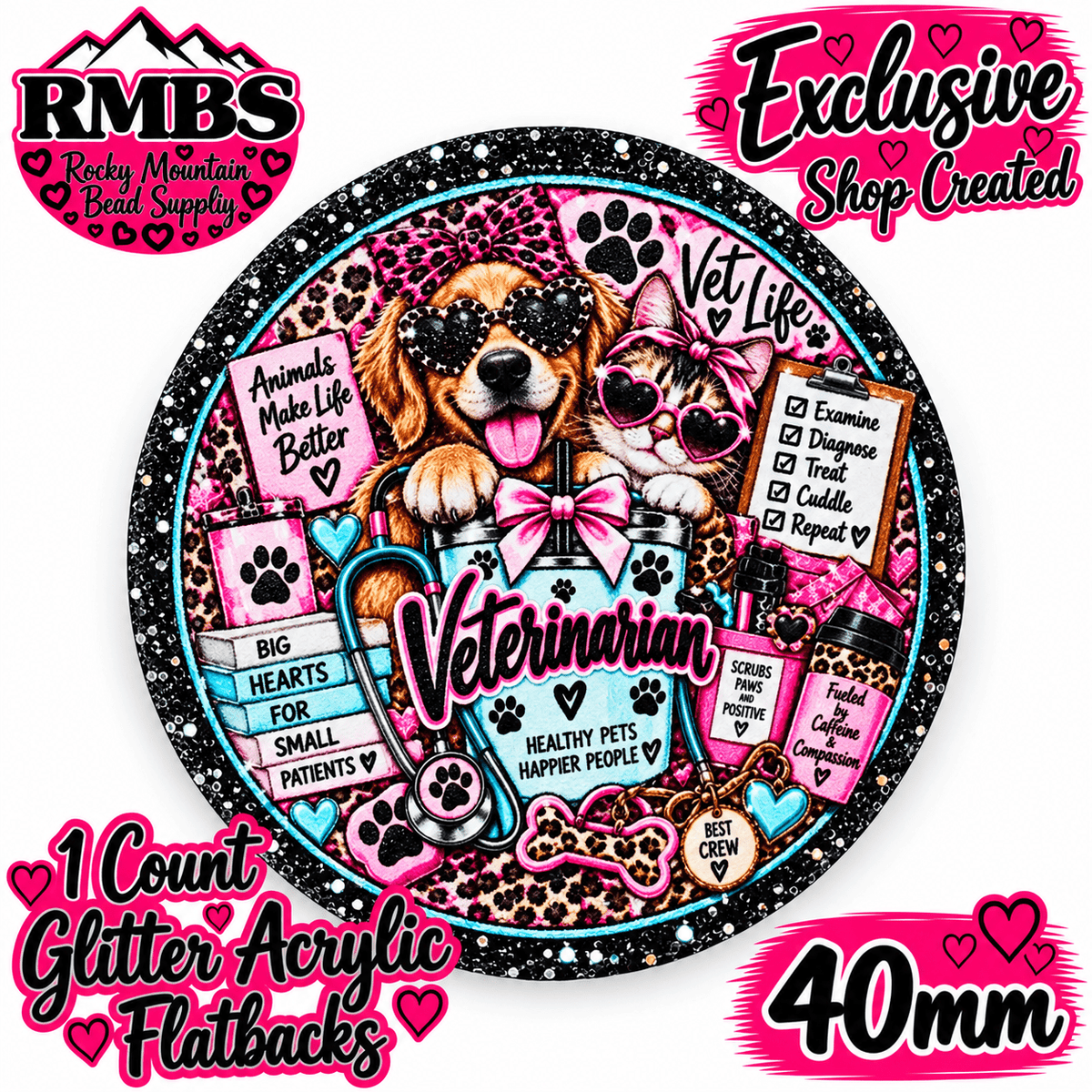 Exclusive 1 Count Custom Exclusive Glitter Acrylic Flatback 40mm VETERINARIAN