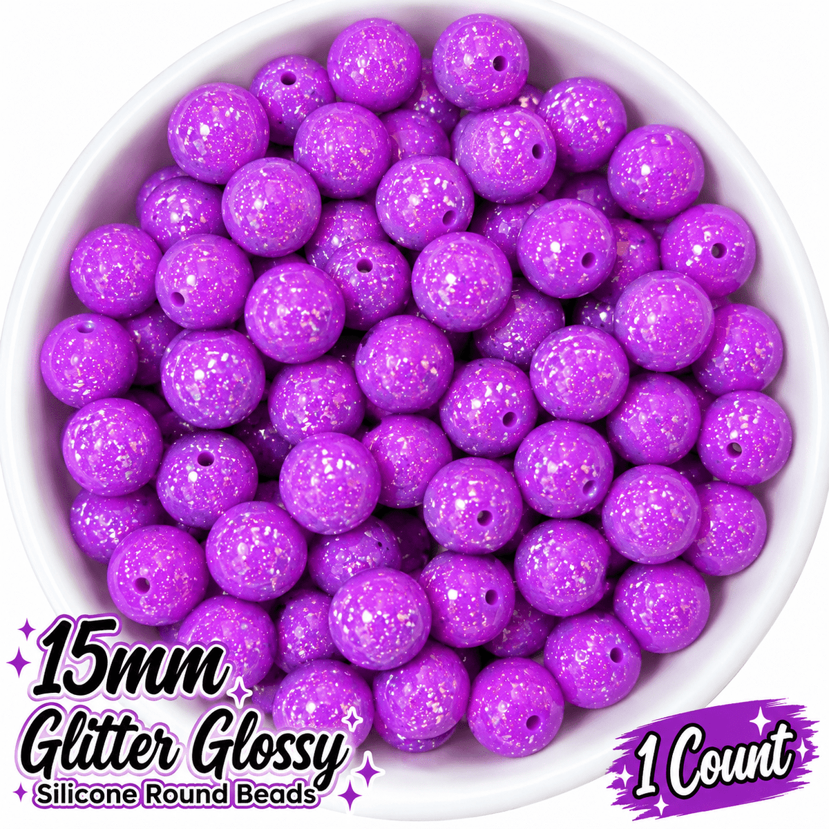 NEW Glitter 15mm DIY Silicone Beads Glossy Shiny Solids 1 Count PURPLE