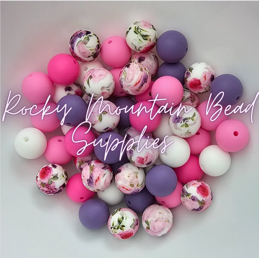 15mm DIY BEADS MIX FLORAL silicone bead Mix- purple pinks