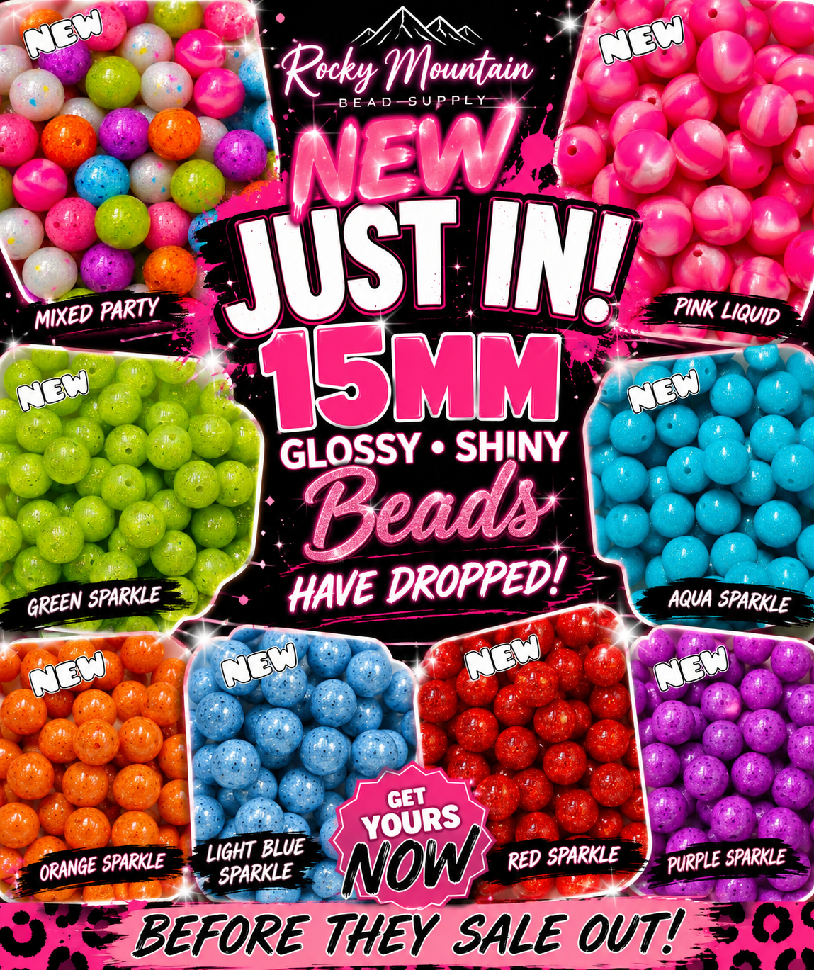 Individual 15mm Silicone Solid Beads- Glossy Shiny Beads- Mettalics