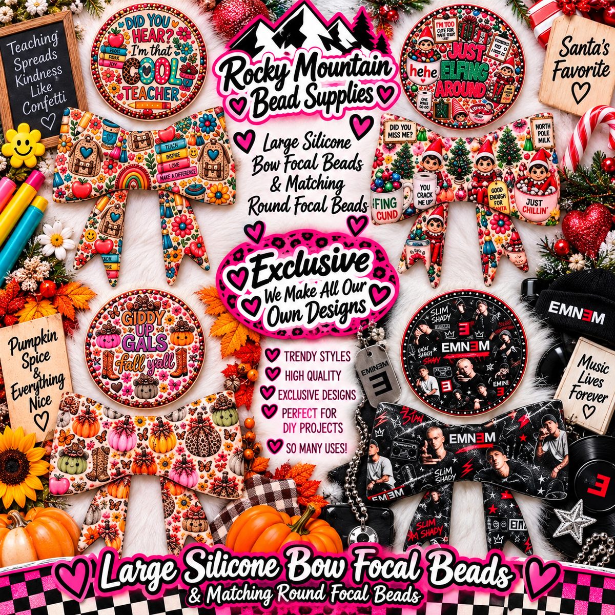 LARGE Silicone focal bead bows & Focal Bead Rounds