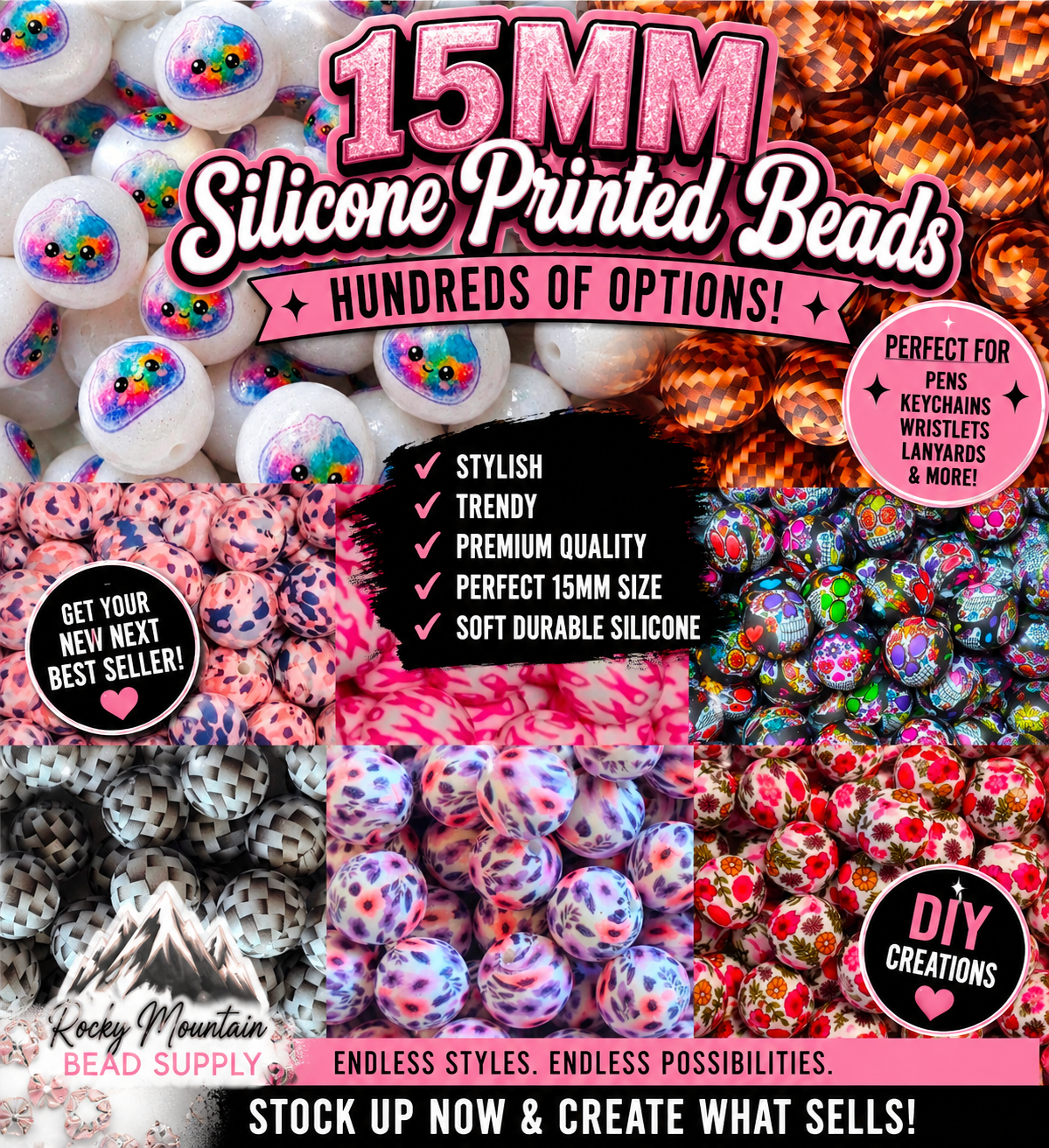 New 15mm Silicone Printed Beads