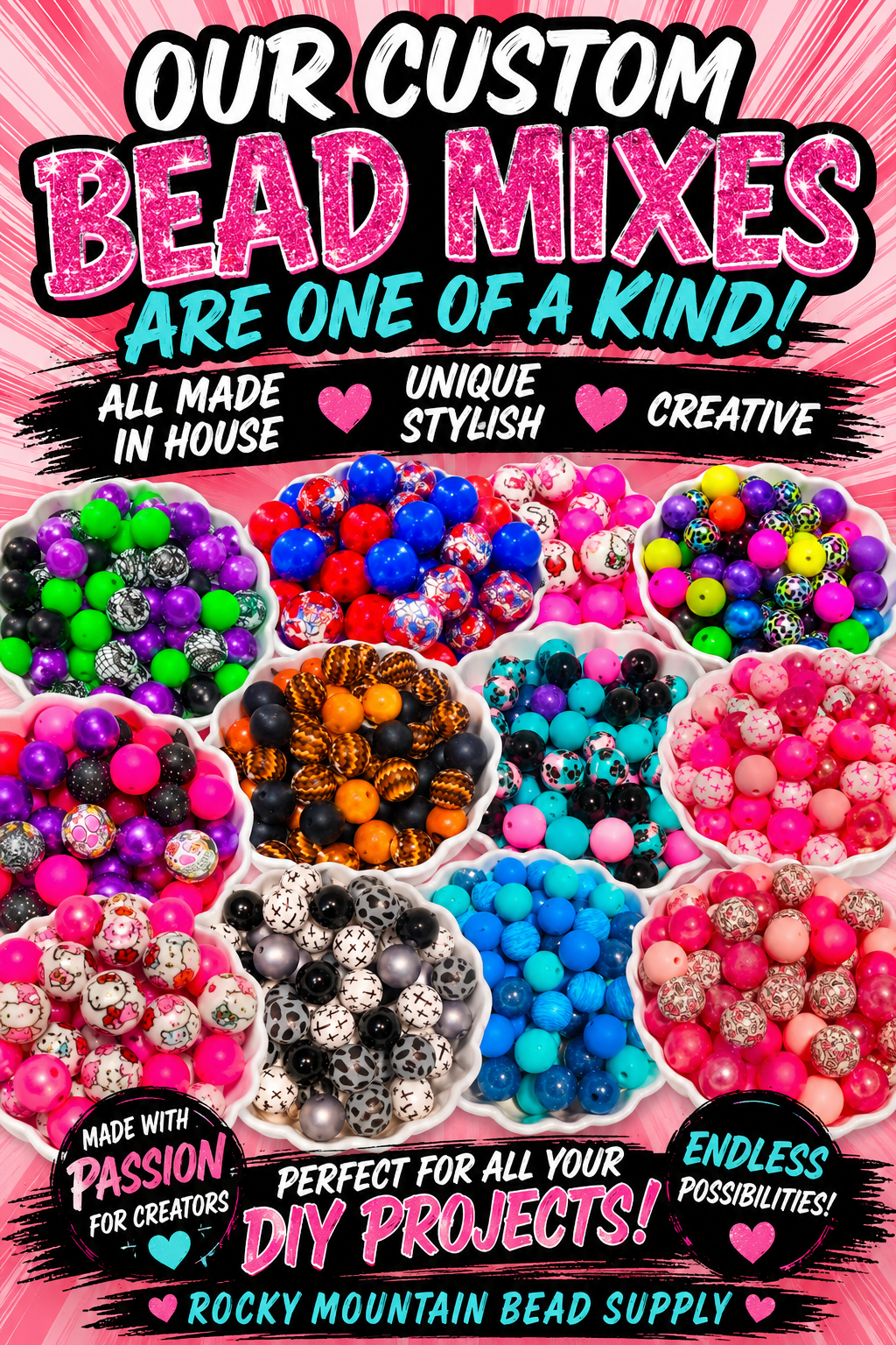 Custom Silicone & Acrylic DIY Bead Mixes.  We make all our mixes in house! One of a kind!