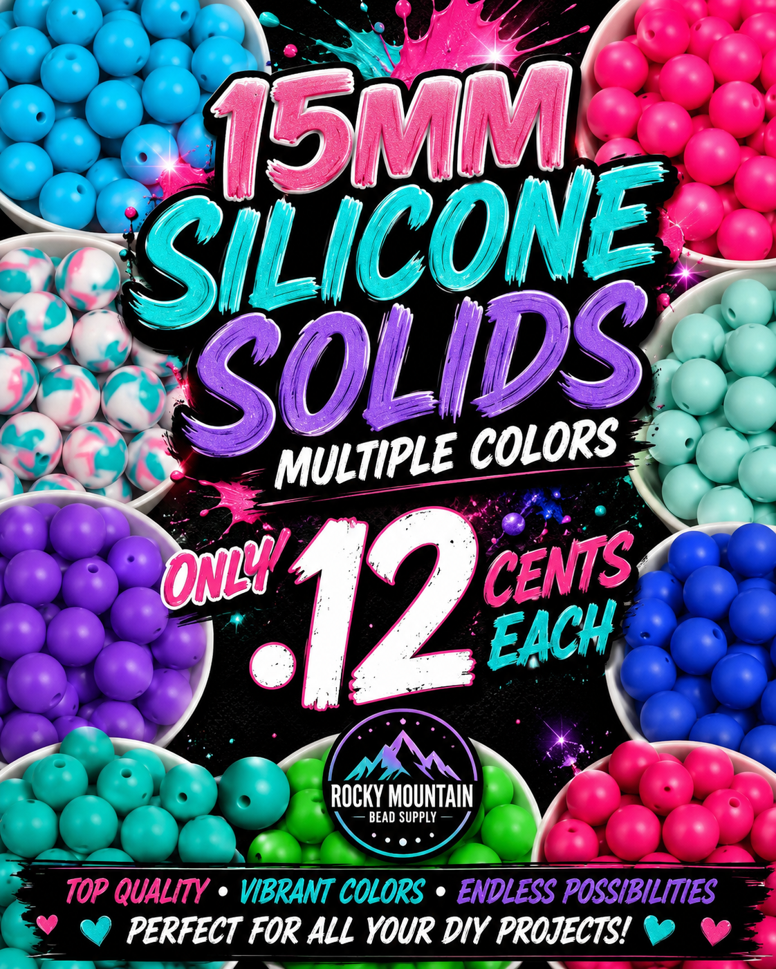 Individual 15mm SOLID Silicone Beads