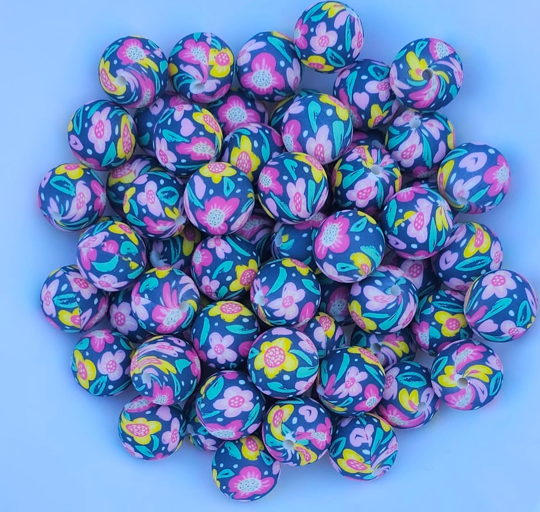 1 count  New 15mm printed floral yak silicone bead