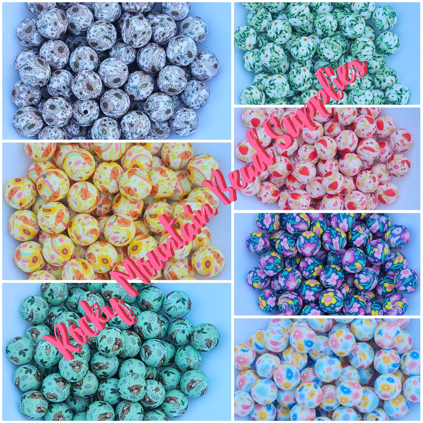 1 count  New 15mm printed floral yak silicone bead