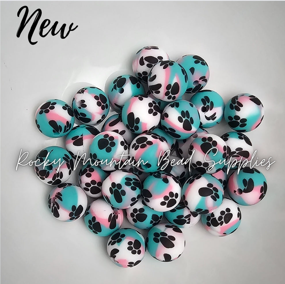 Paw Print colorful 15mm silicone beads 1 count