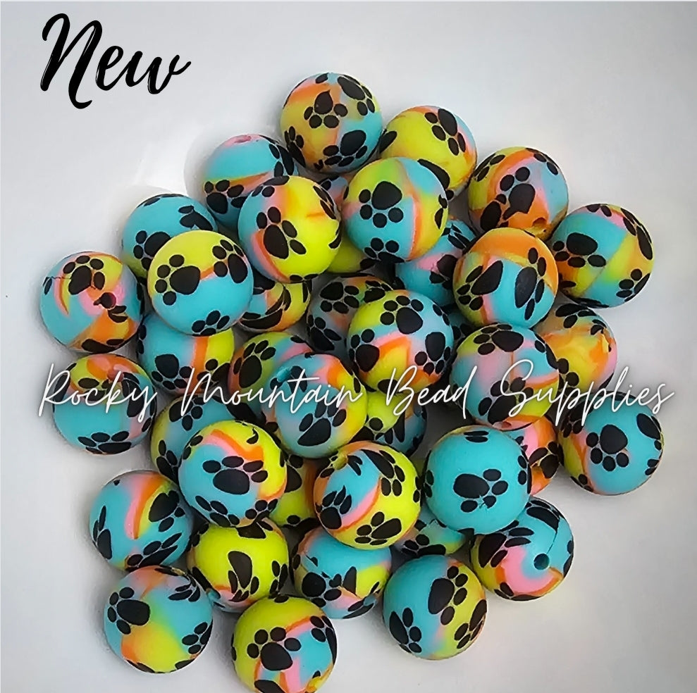 Paw Print colorful 15mm silicone beads 1 count