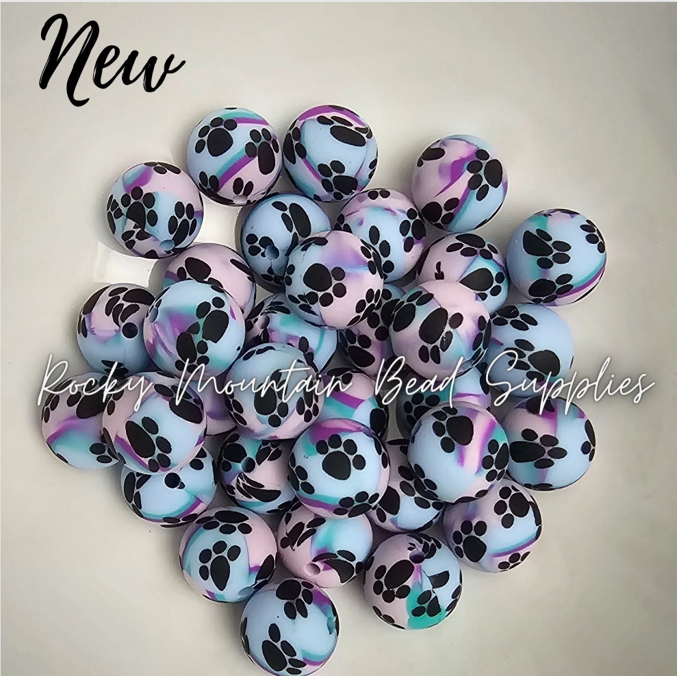 Paw Print colorful 15mm silicone beads 1 count