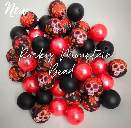 Halloween silicone bead mix 15mm floral skull