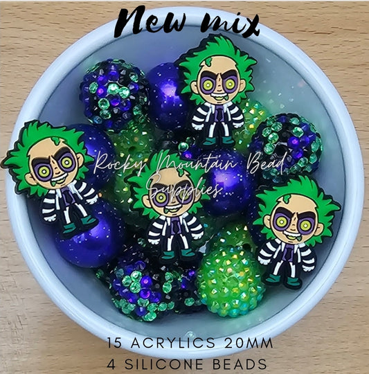 20mm  acrylic rhinestone bead mix with 4 focals Beatle Juice