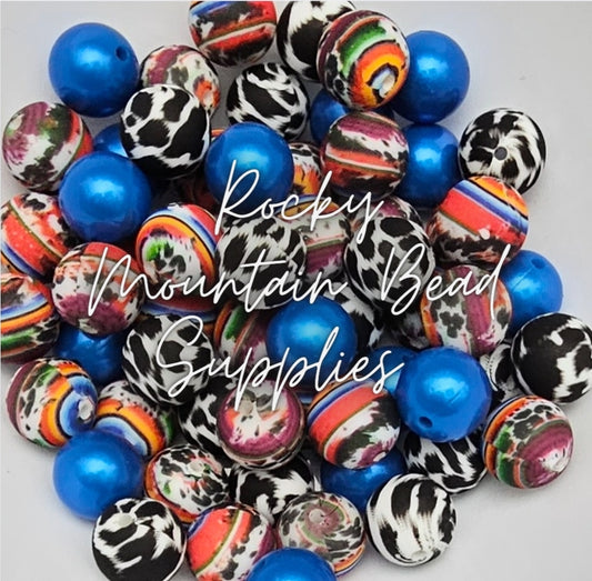 Blue western serpe black leopard silicone bead mix 15mm includes Mettalics