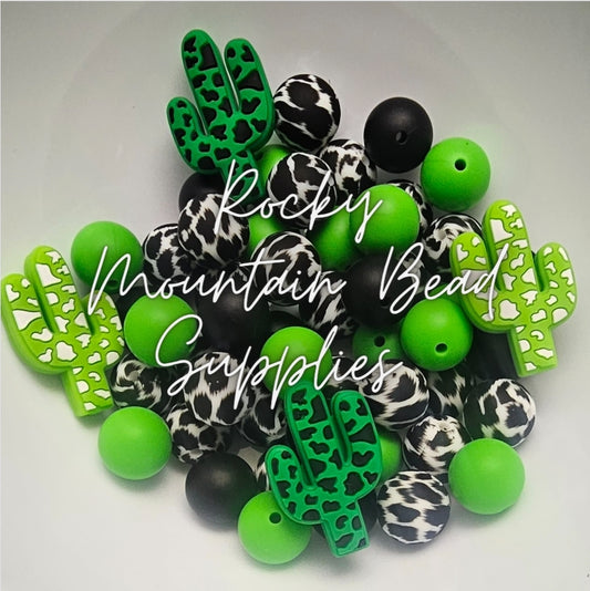 Western Green black leopard silicone bead mix 15mm includes 4 focal cactus 🌵