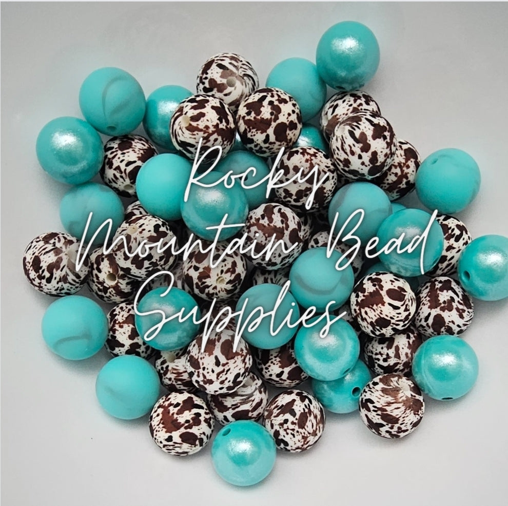 Brown black western cow teal silicone bead mix 15mm includes opals and turquoise marble