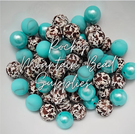 Brown black western cow teal silicone bead mix 15mm includes opals and turquoise marble