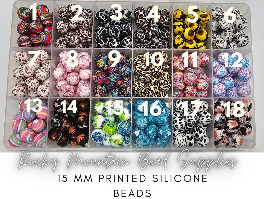 1 count- 15mm Printed beads- 55 Colors and themes