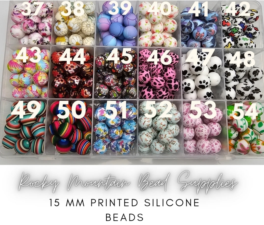 1 count- 15mm Printed beads- 55 Colors and themes