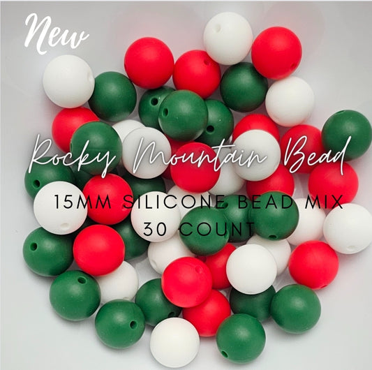 15 mm silicone solid bead mix- 30 count-  Christmas colors