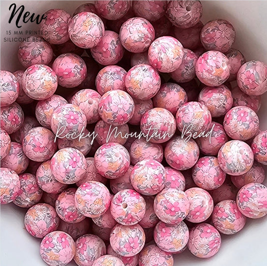 New 15mm printed pink flower silicone beads 1 count