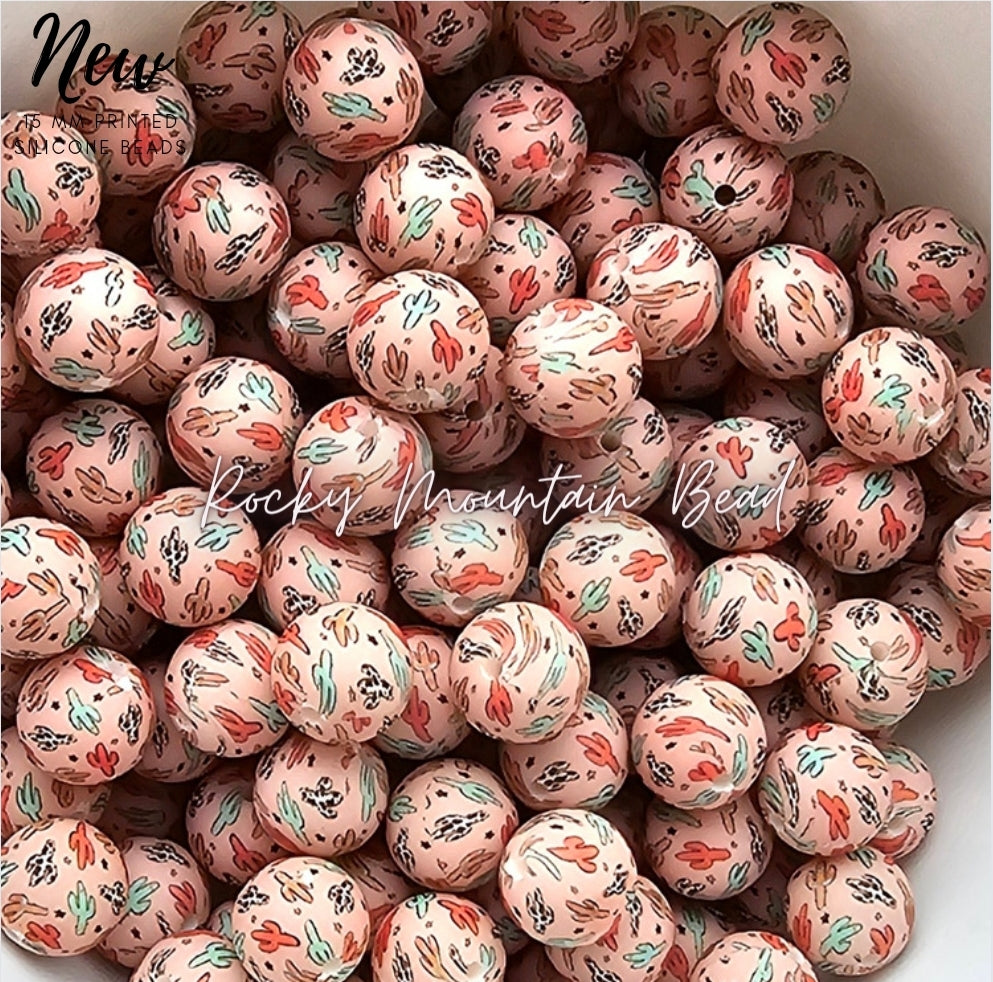 New 15mm printed western cactus silicone beads 1 count