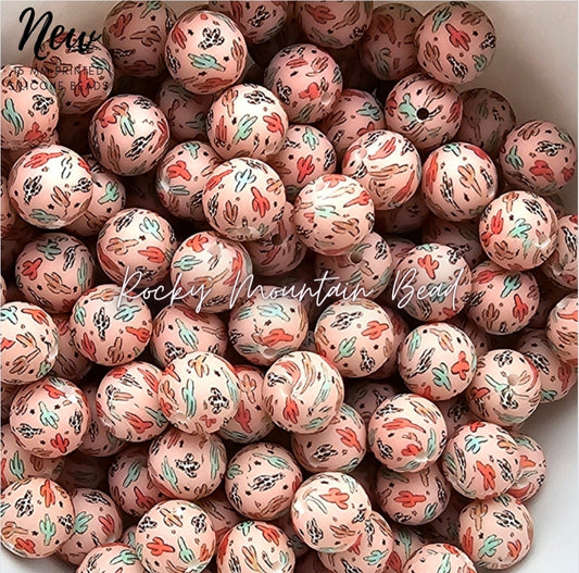 New 15mm printed western cactus silicone beads 1 count