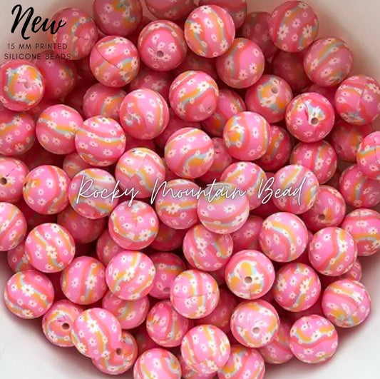 New 15mm printed pink flower rainbow silicone beads 1 count