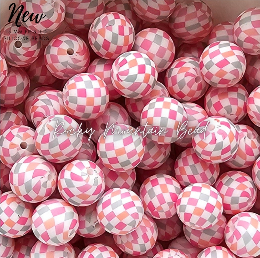 New 15mm pink checker silicone beads 1 count