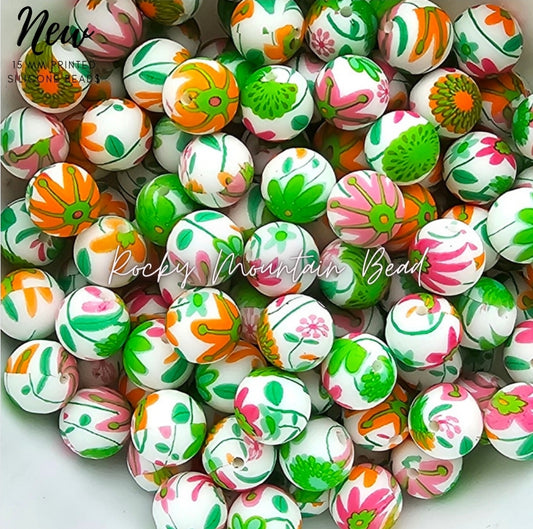 New 15mm bright flower silicone beads 1 count