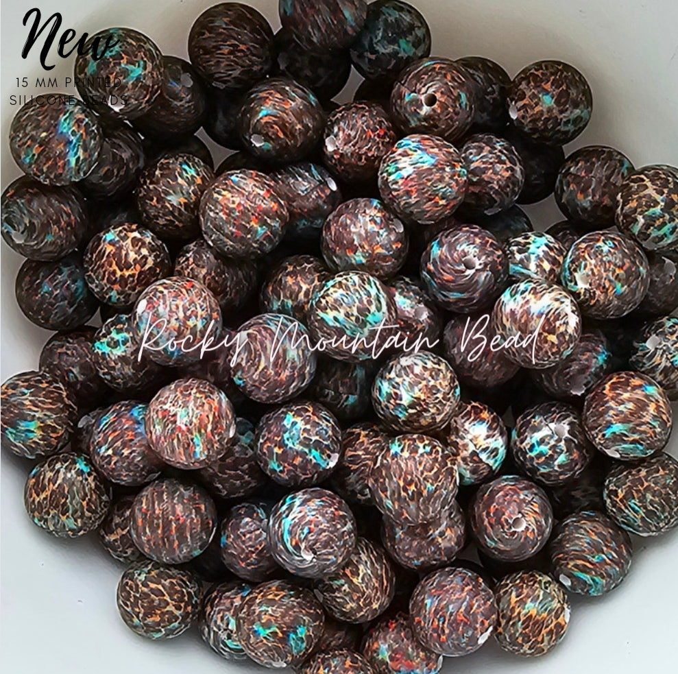 New 15mm printed tral western cheetah silicone beads 1 count