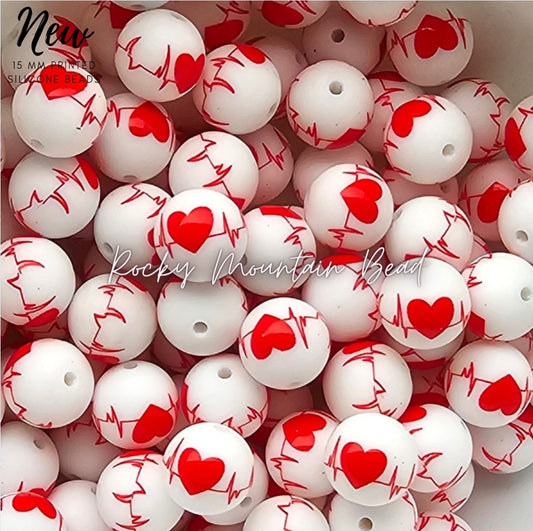 New 15mm printed medical heart silicone beads 1 count