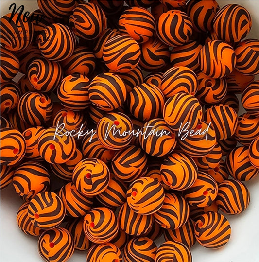 New 15mm printed tiger stripes silicone beads 1 count