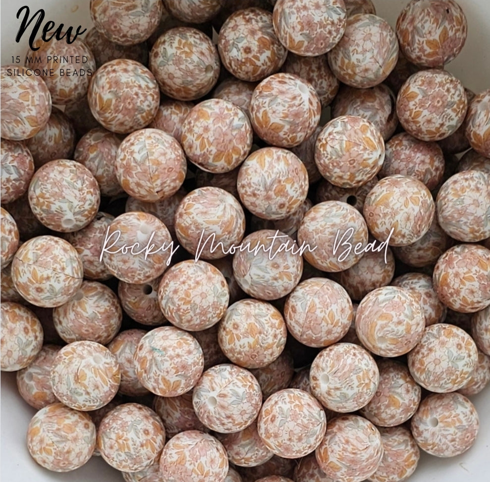 New 15mm printed light neutral flowers silicone beads 1 count