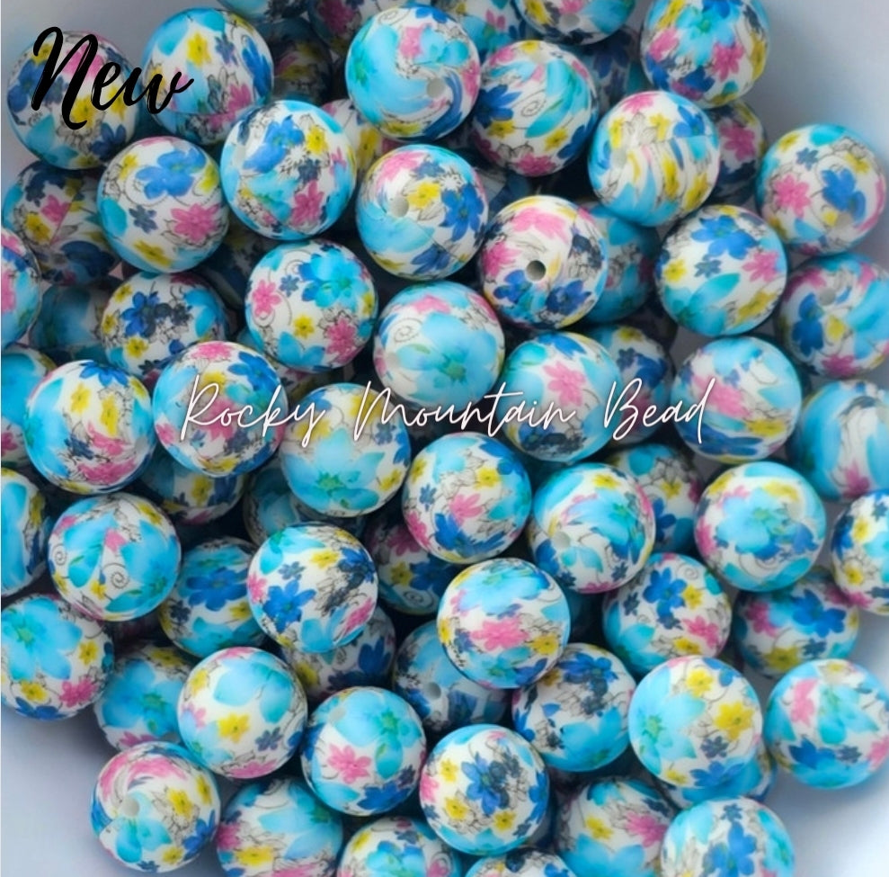 New 15mm printed multi flowers blue silicone beads 1 count