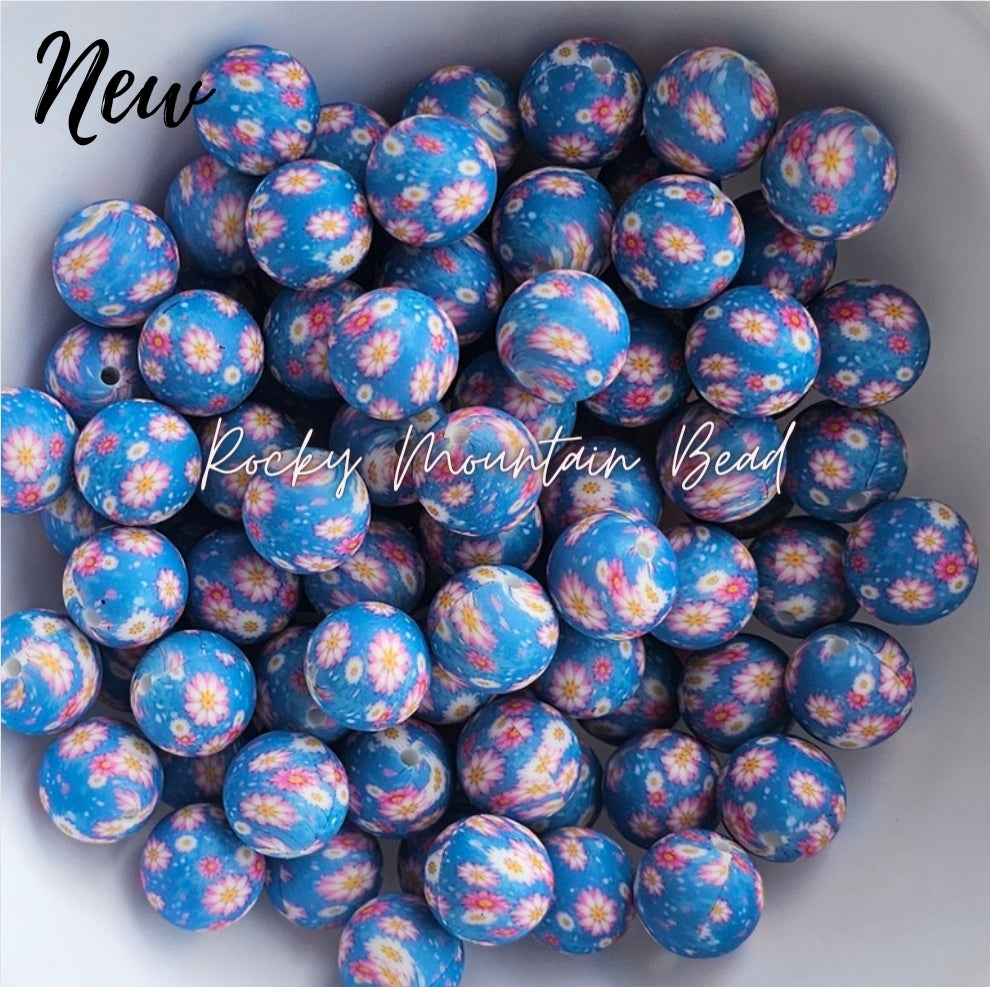 New 15mm printed flowers blue pink silicone beads 1 count