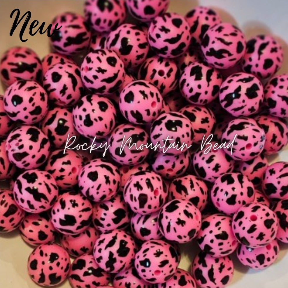 New 15mm printed black pink cow silicone beads 1 count