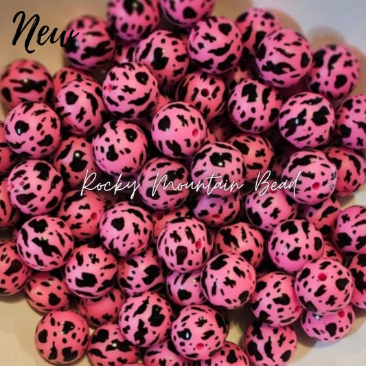 New 15mm printed black pink cow silicone beads 1 count