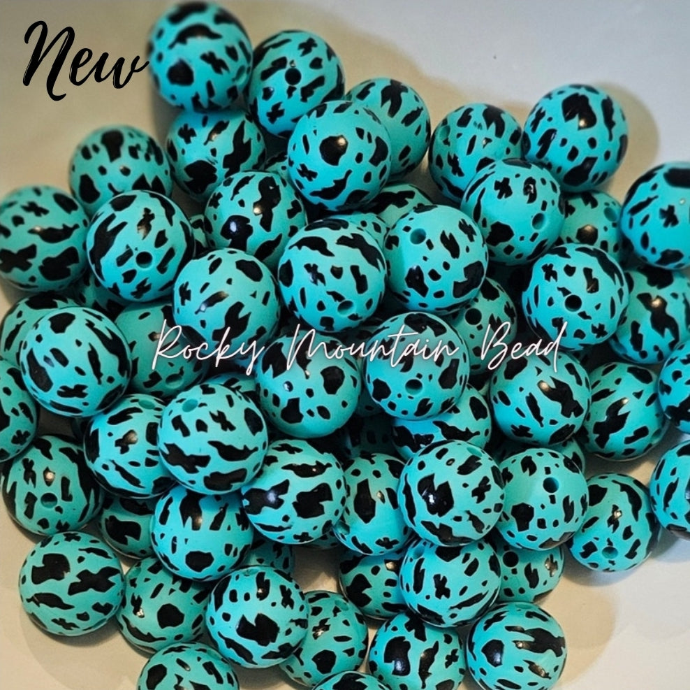 New 15mm printed black teal cow silicone beads 1 count