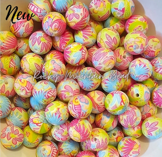 New 15mm printed bright flowers silicone beads 1 count