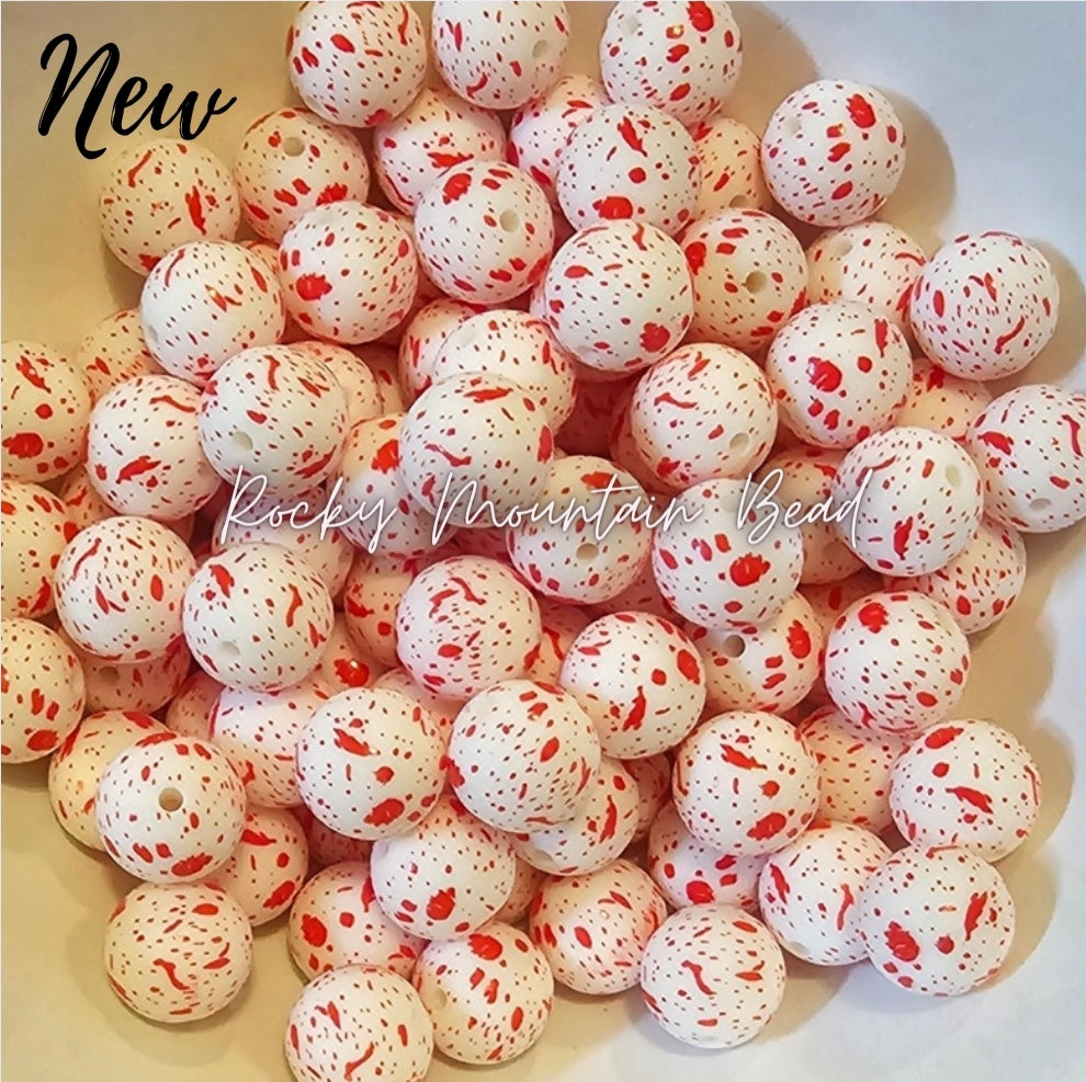 New 15mm printed blood splatter RED silicone beads 1 count