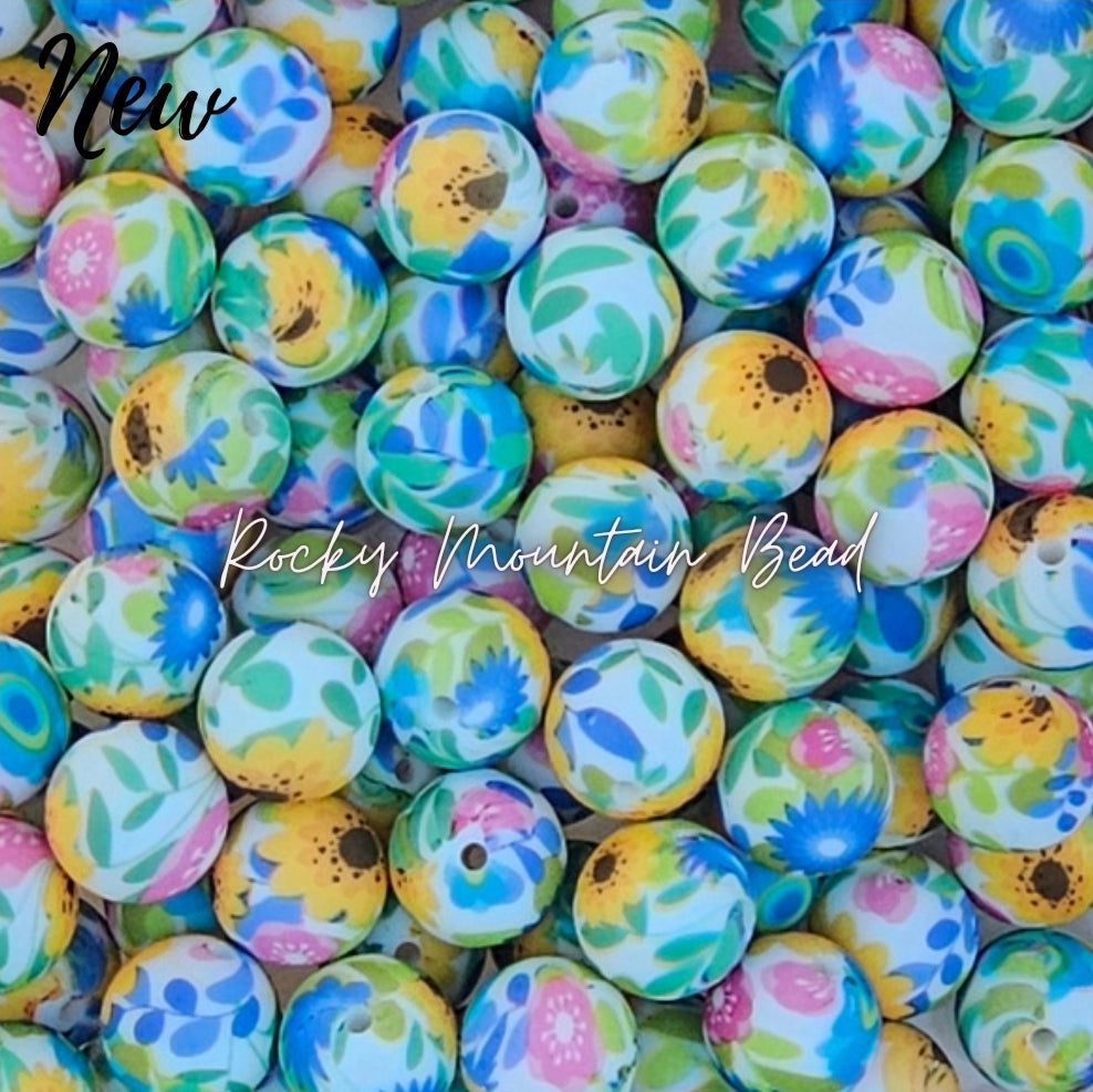Popular 15mm printed bright sunflower silicone beads 1 count