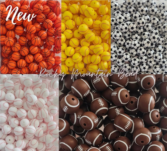 Popular sports 15mm printed  silicone beads 1 count- 6 options