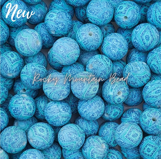 New 15mm printed blue mint Paisley silicone bead