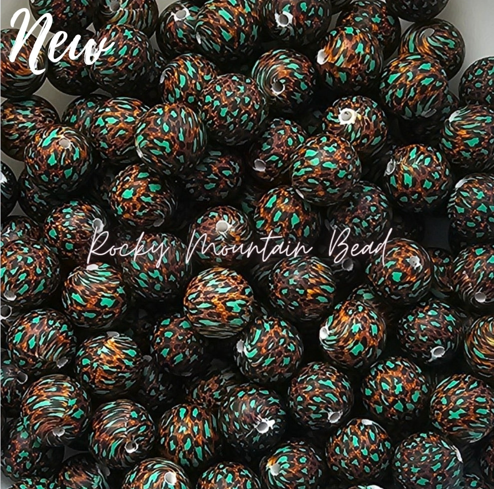 New 15mm printed country bronze teal silicone bead