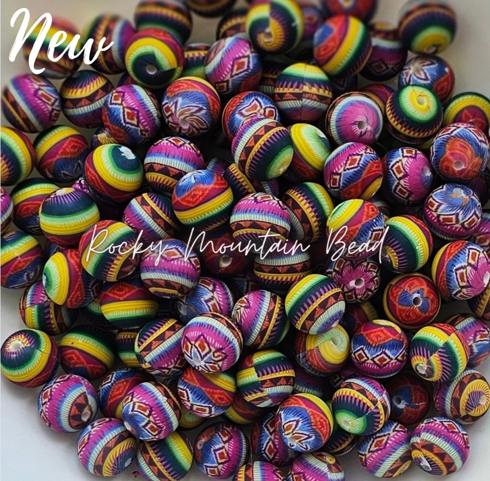 New 15mm printed bright summer Aztec  silicone bead
