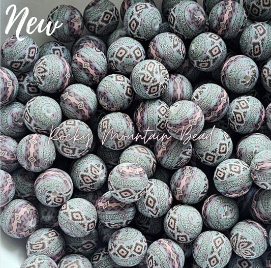 New 15mm printed light western Aztec silicone beads 1 count