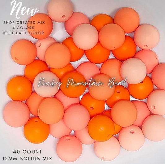 New peach orange tones 15 mm silicone solid bead mix- 40 count