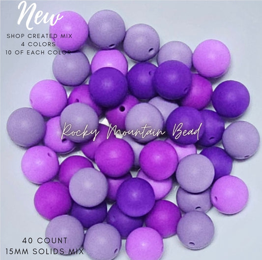 New purple tones 15 mm silicone solid bead mix- 40 count