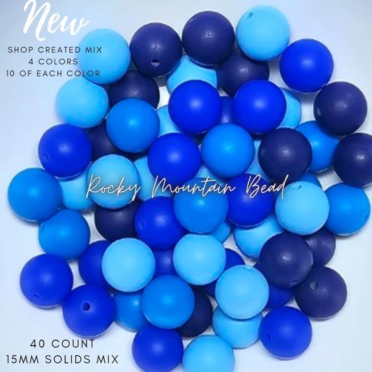 New blue tones 15 mm silicone solid bead mix- 40 count