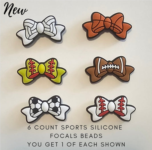 6 piece silicone focal bead set sports bows