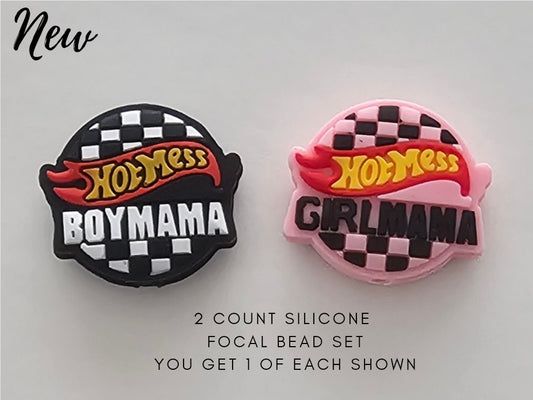 2 piece silicone focal bead set boy girl hot mess mama